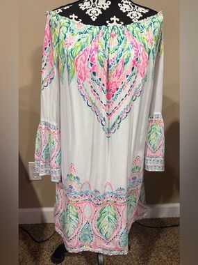Lilly Pulitzer White off the Shoulder Dress with Pink, Blues & Lime Floral Motif